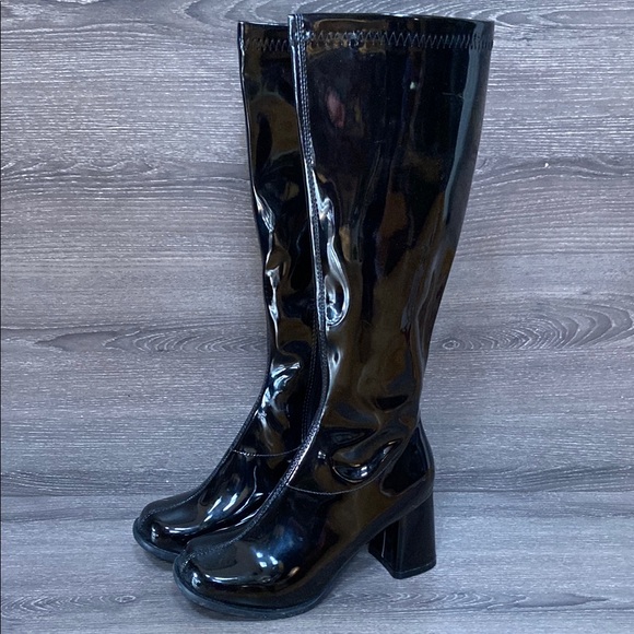 Ellie Shoes - Ellie Womens Gogo Boots Chunky Block Heel Knee-High Heels Glossy Black Size 6